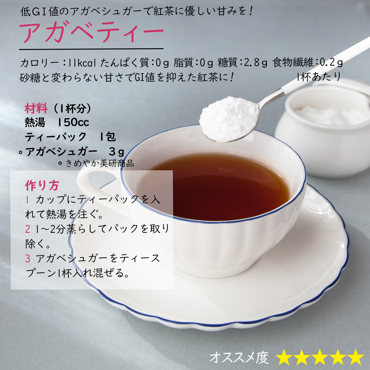 アガベティー低ＧＩ値のアガベシュガーで紅茶に優しい甘みを!カロリー：11kcal たんぱく質：0ｇ 脂質：0ｇ 糖質：2.8ｇ 食物繊維：0.2ｇ 1杯あたり砂糖と変わらない甘さでGI値を抑えた紅茶に!材料（1杯分）熱湯　150ccティーパック　1包アガベシュガー　3ｇ作り方1 カップにティーパックを入れて熱湯を注ぐ。2 1～2分蒸らしてパックを取り除く。3 アガベシュガーをティースプーン1杯入れ混ぜる。 