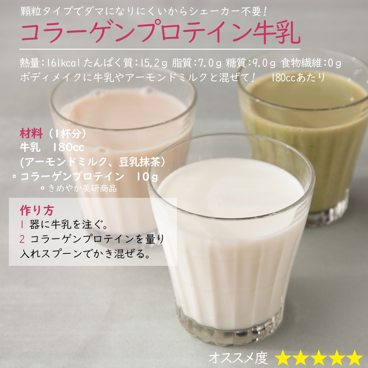 コラーゲンプロテイン牛乳顆粒タイプでダマになりにくいからシェーカー不要! ボディメイクに牛乳やアーモンドミルクと混ぜて! 熱量：161kcal たんぱく質：15.2ｇ 脂質：7.0ｇ 糖質：9.0ｇ 食物繊維：0ｇ180ccあたり材料（1杯分）牛乳　180cc(アーモンドミルク、豆乳抹茶）コラーゲンプロテイン　10ｇきめやか美研商品作り方1 器に牛乳を注ぐ。2 コラーゲンプロテインを量り入れスプーンでかき混ぜる。