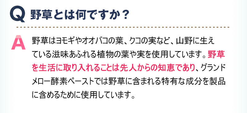 Q:野草とは何ですか？ A:野草はヨモギやオオバコの葉、クコの実など、山野に生えている滋味あふれる植物の葉や実を使用しています。野草を生活に取り入れることは先人からの知恵であり、グランドメロー酵素ペーストでは野草に含まれる特有な成分を製品に含めるために使用しています。