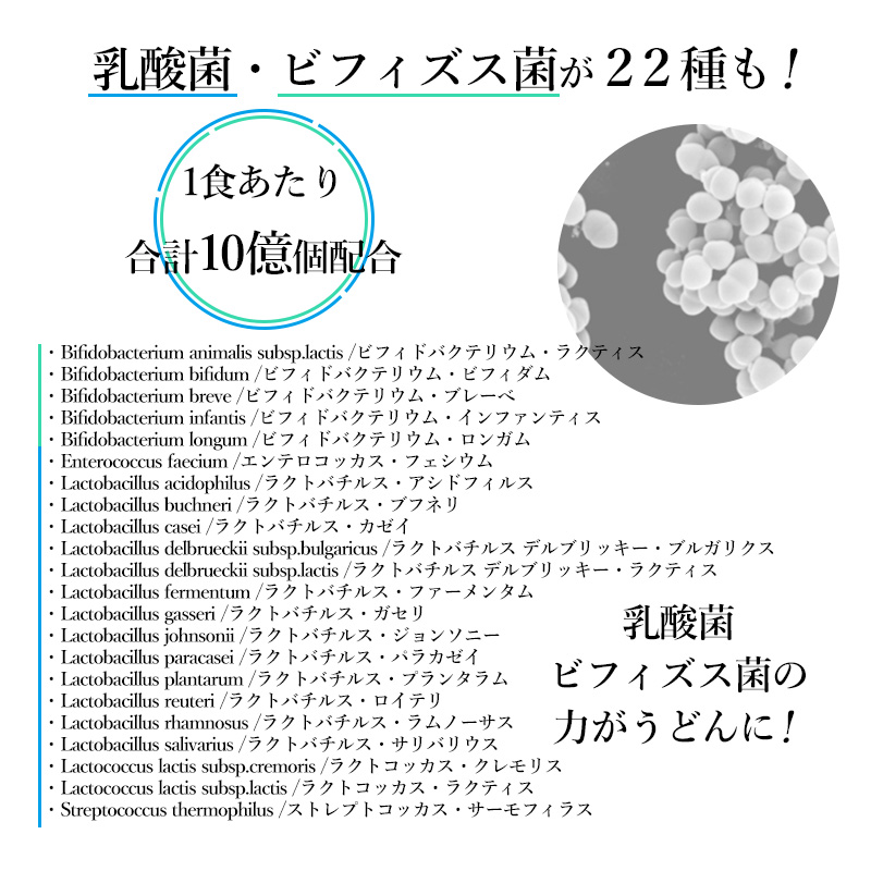 乳酸菌・ビフィズス菌が２２種も！・Bifidobacterium animalis subsp.lactis ビフィドバクテリウム ラクティス ・Bifidobacterium bifidum ビフィドバクテリウム ビフィダム ・Bifidobacterium breve ビフィドバクテリウム ブレーべ ・Bifidobacterium infantis ビフィドバクテリウム インファンティス ・Bifidobacterium longum ビフィドバクテリウム ロンガム ・Enterococcus faecium エンテロコッカス フェシウム ・Lactobacillus acidophilus ラクトバチルス アシドフィルス ・Lactobacillus buchneri ラクトバチルス ブフネリ ・Lactobacillus casei ラクトバチルス カゼイ ・Lactobacillus delbrueckii subsp.bulgaricus ラクトバチルス デルブリッキー ブルガリクス ・Lactobacillus delbrueckii subsp.lactis ラクトバチルス デルブリッキー ラクティス ・Lactobacillus fermentum ラクトバチルス ファーメンタム ・Lactobacillus gasseri ラクトバチルス ガセリ ・Lactobacillus johnsonii ラクトバチルス ジョンソニー ・Lactobacillus paracasei ラクトバチルス パラカゼイ ・Lactobacillus plantarum ラクトバチルス プランタラム ・Lactobacillus reuteri ラクトバチルス ロイテリ ・Lactobacillus rhamnosus ラクトバチルス ラムノーサス ・Lactobacillus salivarius ラクトバチルス サリバリウス ・Lactococcus lactis subsp.cremoris ラクトコッカス クレモリス ・Lactococcus lactis subsp.lactis ラクトコッカス ラクティス ・Streptococcus thermophilus ストレプトコッカス サーモフィラス乳酸菌１７種ビフィズス菌５種