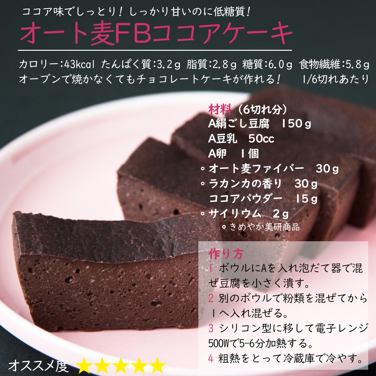 オート麦ＦＢココアケーキココア味でしっとり! しっかり甘いのに低糖質!オーブンで焼かなくてもチョコレートケーキが作れる!カロリー：43kcal たんぱく質：3.2ｇ 脂質：2.8ｇ 糖質：6.0ｇ 食物繊維：5.8ｇ1/6切れあたり材料（6切れ分）A絹ごし豆腐150ｇA豆乳50ccA卵１個オート麦ファイバー30ｇラカンカの香り30ｇココアパウダー15ｇサイリウム2ｇ作り方1 ボウルにAを入れ泡だて器で混ぜ豆腐を小さく潰す。2 別のボウルで粉類を混ぜてから１へ入れ混ぜる。3 シリコン型に移して電子レンジ500Wで5-6分加熱する。4 粗熱をとって冷蔵庫で冷やす。