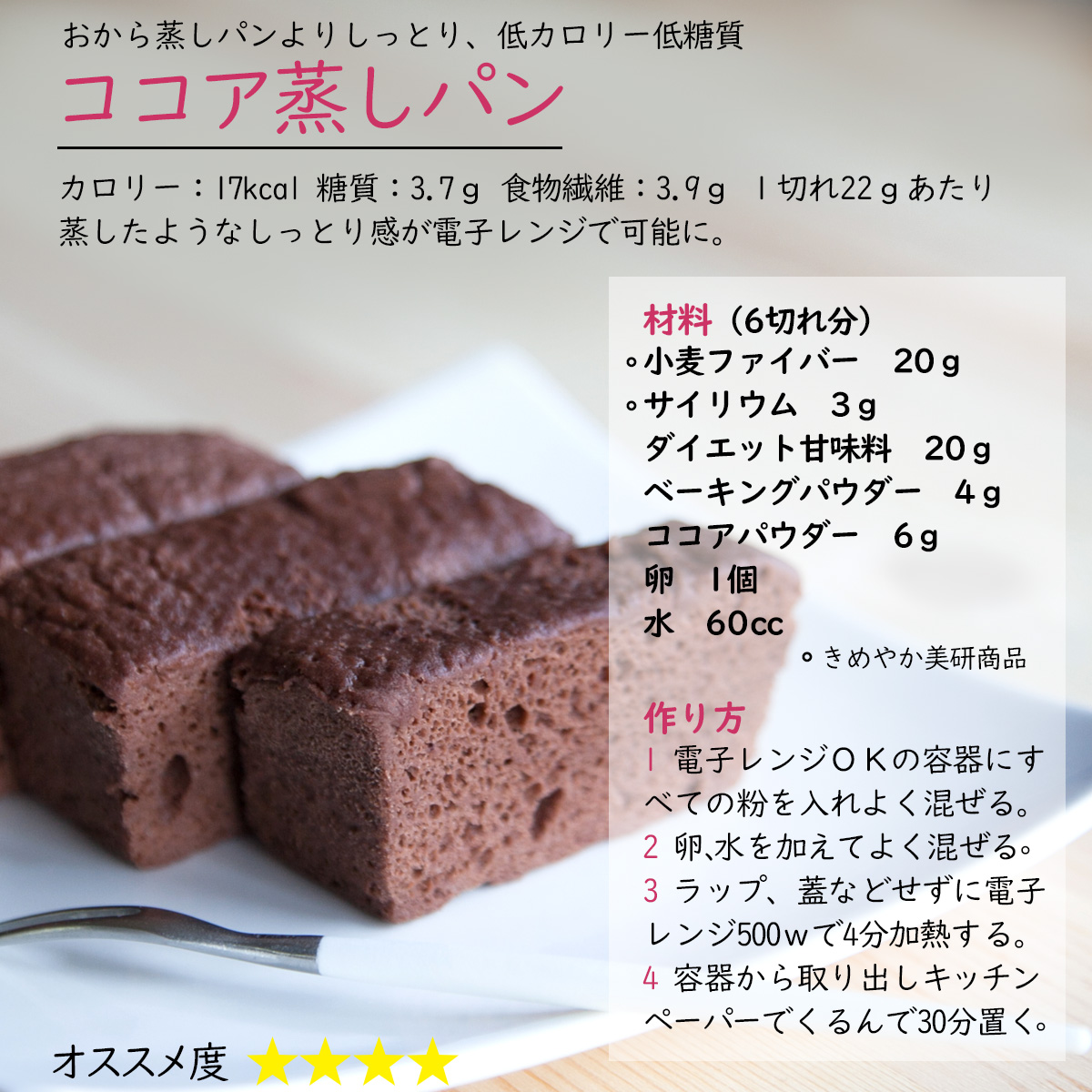 おから蒸しパンよりしっとり、低カロリー低糖質ココア蒸しパンカロリー：17kcal 糖質：3.7ｇ 食物繊維：3.9ｇ １切れ22ｇあたり蒸したようなしっとり感が電子レンジで可能に。材料（6切れ分）小麦ファイバー20ｇサイリウム3ｇダイエット甘味料20ｇベーキングパウダー4ｇココアパウダー6ｇ卵1個水60cc作り方1 電子レンジＯＫの容器にすべての粉を入れよく混ぜる。2 卵、水を加えてよく混ぜる3 ラップ、蓋などせずに電子レンジ500ｗで4分加熱する。4 容器から取り出しキッチンペーパーでくるんで30分置く。