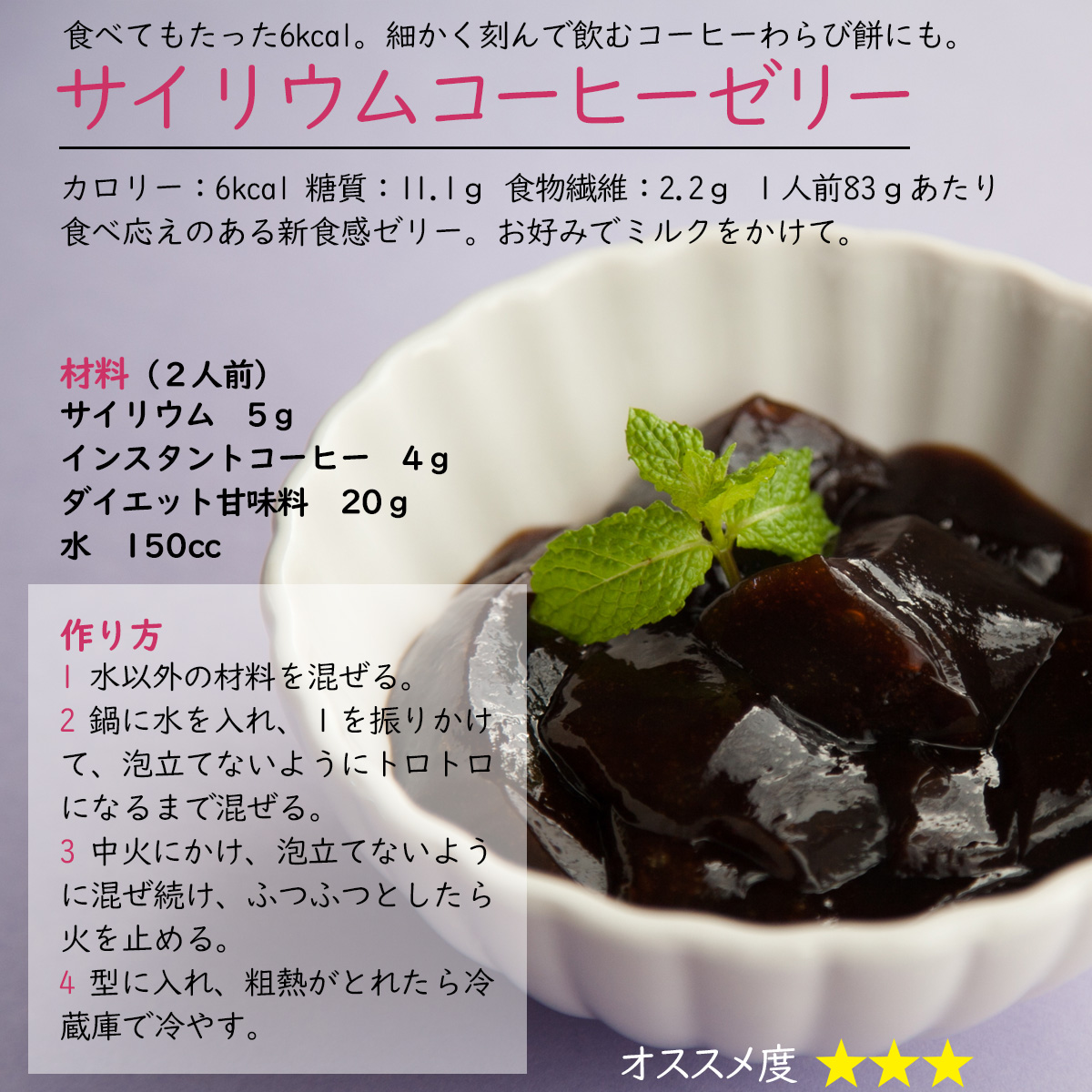 食べてもたった6kcal。細かく刻んで飲むコーヒーわらび餅にも。サイリウムコーヒーゼリーカロリー：6kcal 糖質：11.1ｇ 食物繊維：2.2ｇ １人前83ｇあたり食べ応えのある新食感ゼリー。お好みでミルクをかけて。材料（２人前）サイリウム5ｇインスタントコーヒー4ｇダイエット甘味料20ｇ水150cc作り方1 水以外の材料を混ぜる。2 鍋に水を入れ、１を振りかけて、泡立てないようにトロトロになるまで混ぜる。3 中火にかけ、泡立てないように混ぜ続け、ふつふつとしたら火を止める。4 型に入れ、粗熱がとれたら冷蔵庫で冷やす。