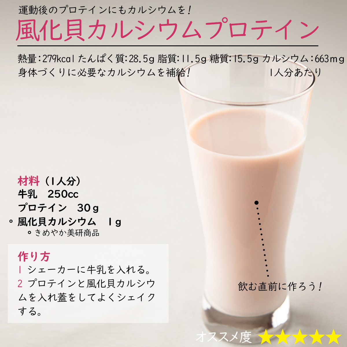 風化貝カルシウムプロテイン運動後のプロテインにもカルシウムを!熱量：279kcal たんぱく質：28.5ｇ 脂質：11.5ｇ 糖質：15.5ｇ カルシウム：663ｍｇ1人分あたり身体づくりに必要なカルシウムを補給! 材料（1人分）牛乳　250ccプロテイン　30ｇ風化貝カルシウム　1ｇ作り方1 シェーカーに牛乳を入れる。2 プロテインと風化貝カルシウムを入れ蓋をしてよくシェイクする。