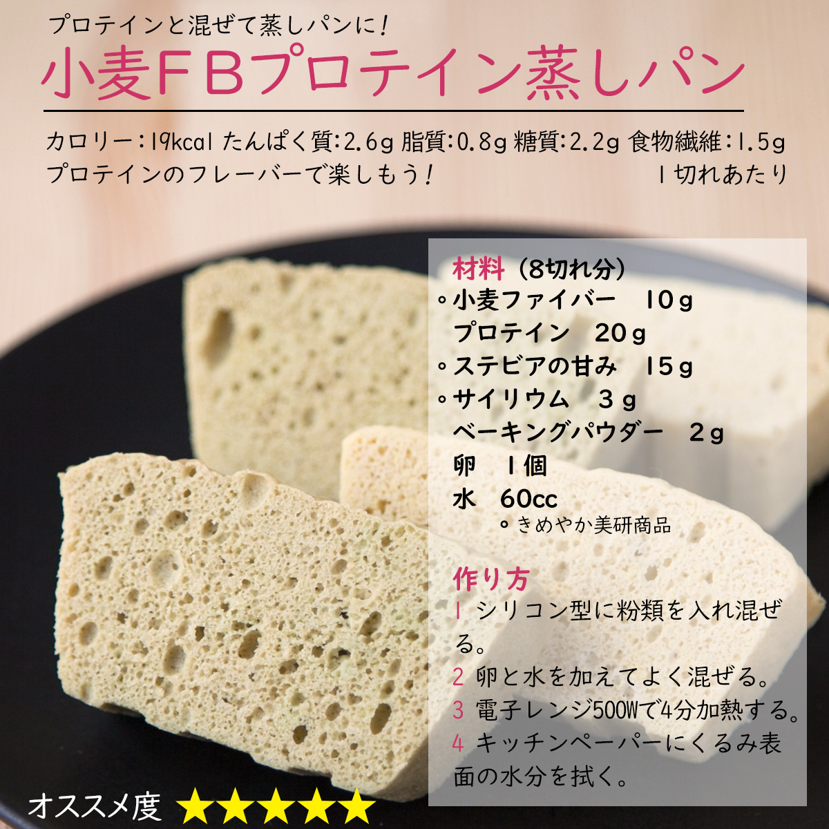 プロテインと混ぜて蒸しパンに!小麦ＦＢプロテイン蒸しパンカロリー：19kcal たんぱく質：2.6ｇ 脂質：0.8ｇ 糖質：2.2ｇ 食物繊維：1.5ｇ１切れあたりプロテインのフレーバーで楽しもう!材料（8切れ分）小麦ファイバー　10ｇプロテイン　20ｇステビアの甘み　15ｇサイリウム　３ｇベーキングパウダー　2ｇ卵　１個水　60cc作り方1 シリコン型に粉類を入れ混ぜる。2 卵と水を加えてよく混ぜる。3 電子レンジ500Wで4分加熱する4 キッチンペーパーにくるみ表面の水分を拭く。 