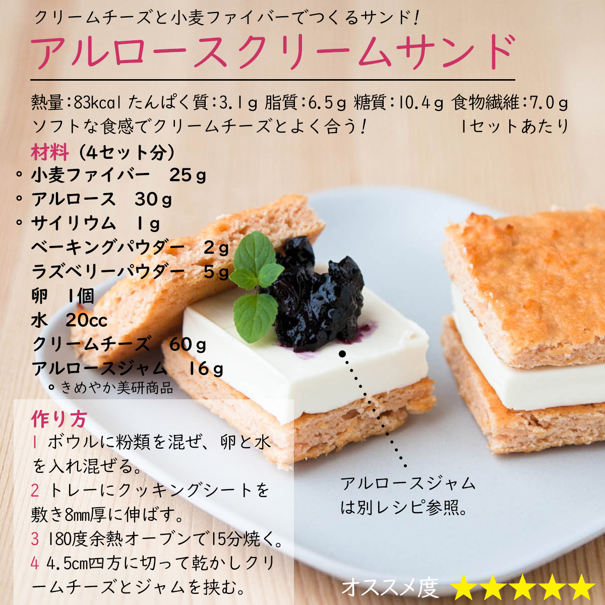 アルロースクリームサンドクリームチーズと小麦ファイバーでつくるサンド!熱量：83kcal たんぱく質：3.1ｇ 脂質：6.5ｇ 糖質：10.4ｇ 食物繊維：7.0ｇ1セットあたりソフトな食感でクリームチーズとよく合う! 材料（4セット分）小麦ファイバー　25ｇアルロース　30ｇサイリウム　1ｇベーキングパウダー　2ｇラズベリーパウダー　5ｇ卵　1個水　20ccクリームチーズ　60ｇアルロースジャム　16ｇ作り方1 ボウルに粉類を混ぜ、卵と水を入れ混ぜる。2 トレーにクッキングシートを敷き8mm厚に伸ばす。3 180度余熱オーブンで15分焼く4 4.5cm四方に切って乾かしクリームチーズとジャムを挟む。アルロースジャムは別レシピ参照。