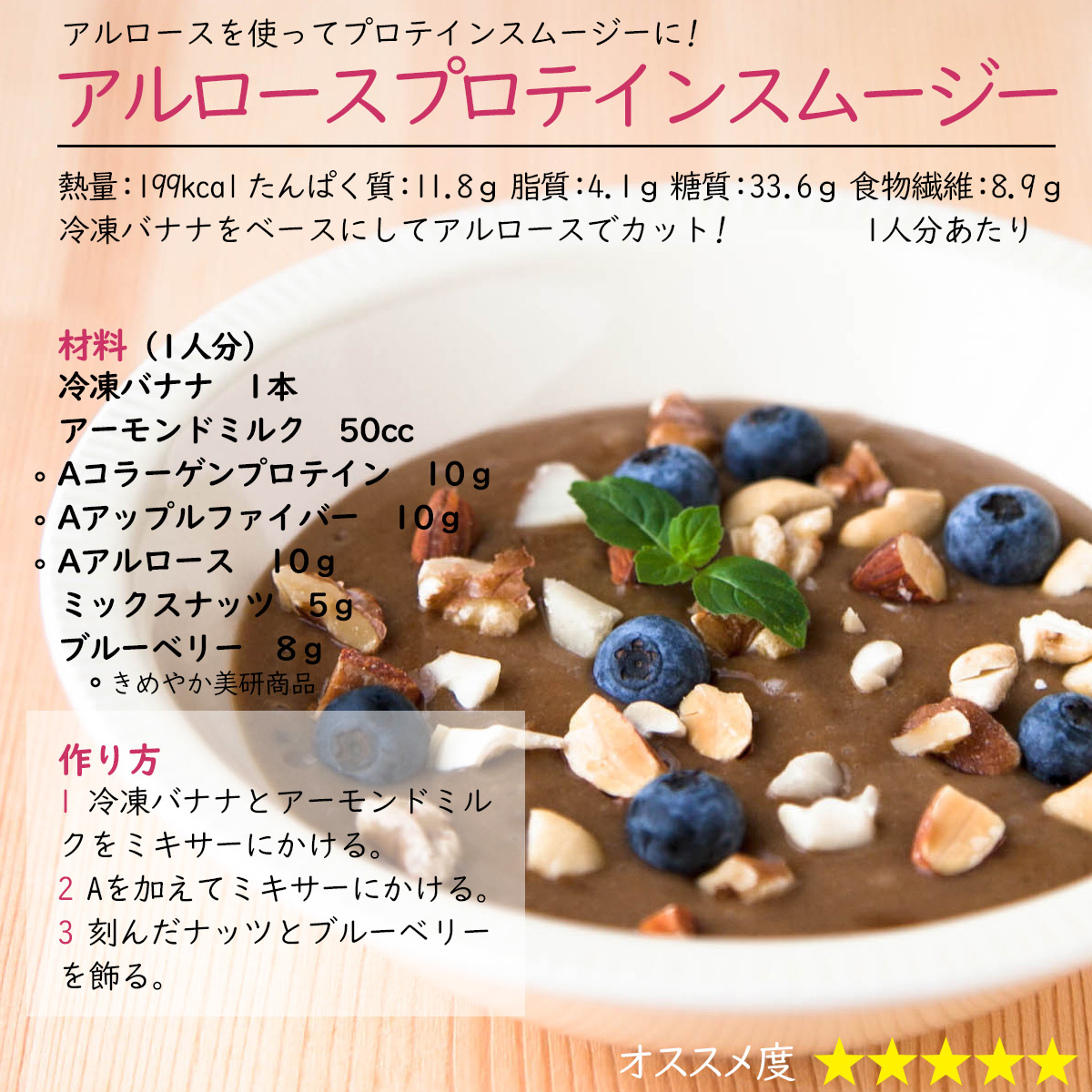 アルロースプロテインスムージーアルロースを使ってプロテインスムージーに!熱量：199kcal たんぱく質：11.8ｇ 脂質：4.1ｇ 糖質：33.6ｇ 食物繊維：8.9ｇ1人分あたり冷凍バナナをベースにしてアルロースでカット! 材料（1人分）冷凍バナナ　1本アーモンドミルク　50ccAコラーゲンプロテイン　10ｇAアップルファイバー　10ｇAアルロース　10ｇミックスナッツ　5ｇブルーベリー　8ｇ作り方1 冷凍バナナとアーモンドミルクをミキサーにかける。2 Aを加えてミキサーにかける。3 刻んだナッツとブルーベリーを飾る。