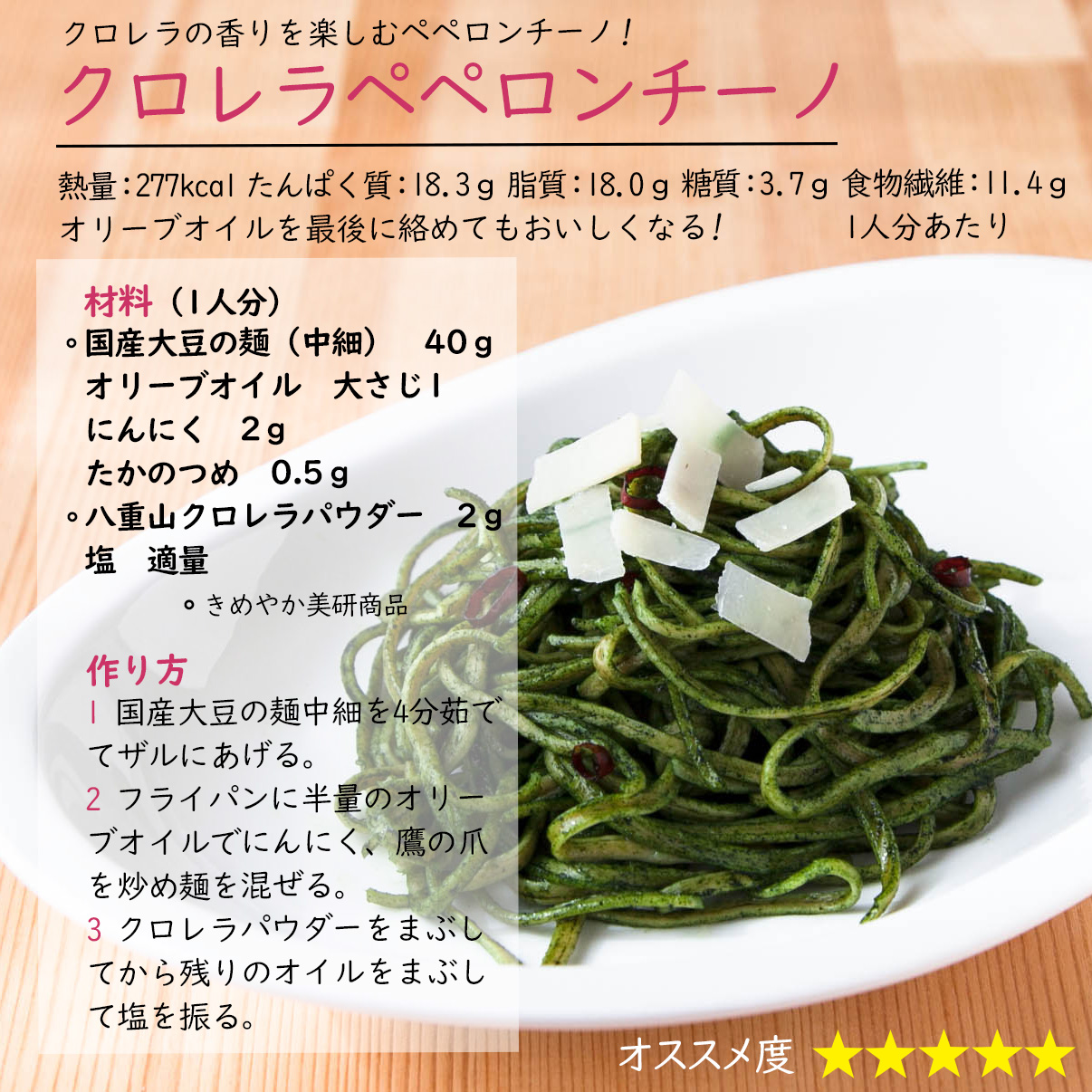 クロレラペペロンチーノクロレラの香りを楽しむペペロンチーノ!熱量：277kcal たんぱく質：18.3ｇ 脂質：18.0ｇ 糖質：3.7ｇ 食物繊維：11.4ｇ1人分あたりオリーブオイルを最後に絡めてもおいしくなる! 材料（1人分）国産大豆の麺（中細）　40ｇオリーブオイル　大さじ1　にんにく　2ｇたかのつめ　0.5ｇ八重山クロレラパウダー　2ｇ塩　適量〇きめやか美研商品作り方1 国産大豆の麺中細を4分茹でてザルにあげる。2 フライパンに半量のオリーブオイルでにんにく、鷹の爪を炒め麺を混ぜる。3 クロレラパウダーをまぶしてから残りのオイルをまぶして塩を振る。 