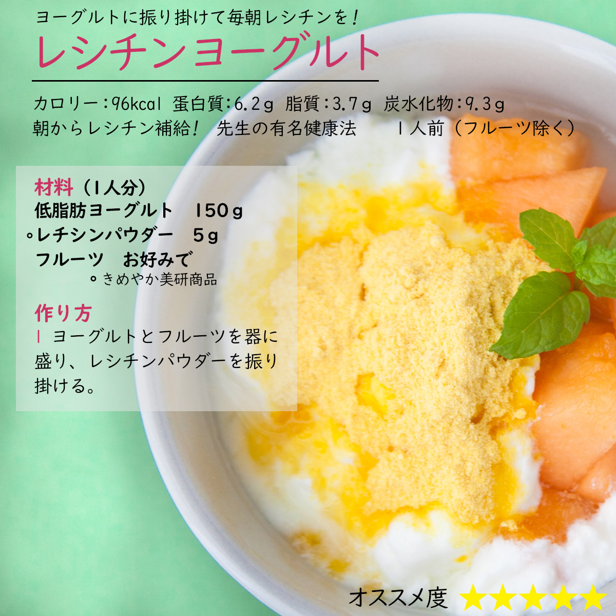 ヨーグルトに振り掛けて毎朝レシチンを! レシチンヨーグルトカロリー：96kcal 蛋白質：6.2ｇ 脂質：3.7ｇ 炭水化物：9.3ｇ１人前（フルーツ除く）朝からレシチン補給!先生の有名健康法材料（1人分）低脂肪ヨーグルト150ｇレチシンパウダー5ｇフルーツお好みで作り方1 ヨーグルトとフルーツを器に盛り、レシチンパウダーを振り掛ける。