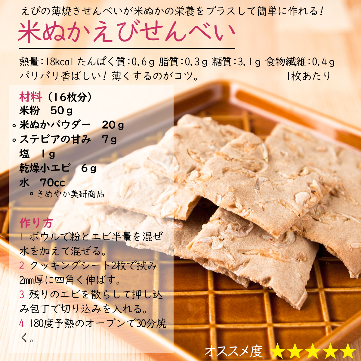 米ぬかえびせいんべいえびの薄焼きせんべいが米ぬかの栄養をプラスして簡単に作れる!熱量：18kcal たんぱく質：0.6ｇ 脂質：0.3ｇ 糖質：3.1ｇ 食物繊維：0.4ｇ1枚あたりパリパリ香ばしい! 薄くするのがコツ。材料（16枚分）米粉　50ｇ米ぬかパウダー　20ｇステビアの甘み　7ｇ塩　1ｇ乾燥小エビ　6ｇ水　70cc作り方1 ボウルで粉とエビ半量を混ぜ水を加えて混ぜる。2 クッキングシート2枚で挟み2mm厚に四角く伸ばす。3 残りのエビを散らして押し込み包丁で切り込みを入れる。4 180度予熱のオーブンで30分焼く。